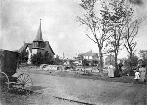 Buildings destroyed in fire of 1900. St. Bernard's church left standing.